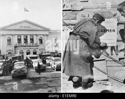 Testo di propaganda! Da Nazi news reporting sul retro dell'immagine: 'Carmen in Kharkiv. Pochi giorni già dopo la riconquista di Kharkiv dalle truppe tedesche la opera house apre le sue porte per il campo grigio i visitatori che arrivano in branchi. - La nostra immagine mostra l'opera house (sinistra) con il tedesco Imperial War bandiera volare al di sopra di esso; sulla destra vediamo i soldati di una compagnia di propaganda, che ha affisso manifesti in varie parti della città che annunciano una performance di Bizet " Carmen "." Foto scattata al Fronte Orientale e pubblicato il 12 maggio 1942. (Difetti nella qualità dovuta alla storica pic Foto Stock