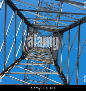 Un lungo la linea di trasmissione elettrica torri che trasportano le linee di alta tensione Foto Stock