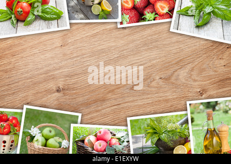 Pila di immagini stampate collage su tavola di legno con una copia dello spazio per il tuo testo o foto Foto Stock