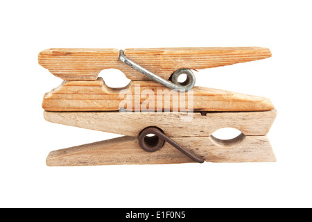 Clothespin in legno isolato su sfondo bianco Foto Stock