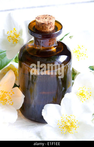 Gelsomino aromaterapia olio su tavole di colore bianco con il concetto di fiori Foto Stock