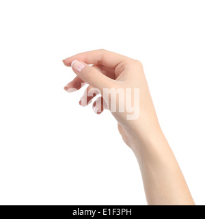 Donna mano azienda alcuni come una scheda vuota isolata su uno sfondo bianco Foto Stock