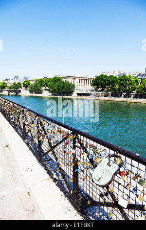 Amore blocca i lucchetti sul recinto affacciato sul fiume Senna Parigi Francia Foto Stock