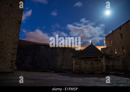 Sedan, Francia. Un antico pozzo nel cortile del Le Chateau Fort Hotel, sotto un cielo chiaro di luna. Foto Stock