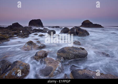 Surf, rocce e mare pile all'alba, Ecola State Park, Oregon, Stati Uniti d'America, America del Nord Foto Stock