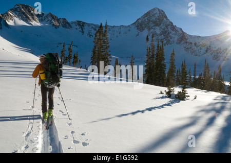 Un uomo sci backcountry al di sotto del Pfeifferhorn in Lone Peak Wilderness, Salt Lake City, Utah. Foto Stock
