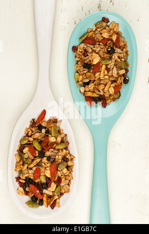 Muesli fatti in casa con diversi semi e frutti di bosco in due cucchiai di legno ripresa dall'alto su uno sfondo di legno Foto Stock