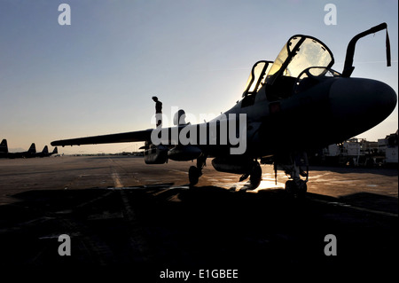 Il sergente Nick Cooley, un adattatore Powerline meccanico, fa un giro di ispezione di un EA-6B Prowler electronic warfare aeromobile a ma Foto Stock