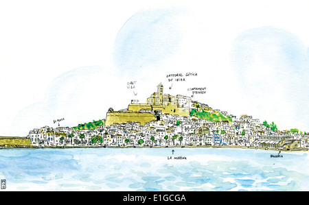 Acquerello illustrazione di Dalt Vila città vecchia di Ibiza, Isole Baleari (Spagna). Famosa isola dai suoi hippies e musica elettronica. Foto Stock