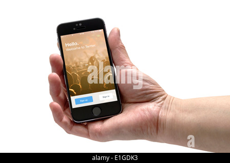 IPHONE 5S in mano isolati su sfondo bianco Foto Stock