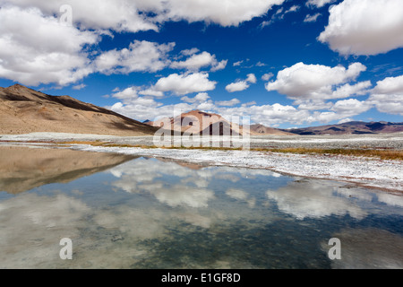 Paesaggio con nuvole riflettono in acqua, regione di Salt Lake Tso Kar, Rupshu, Changtang, Ladakh, Jammu e Kashmir India Foto Stock