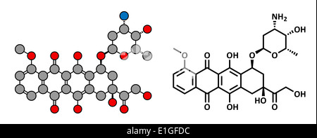 La doxorubicina chemioterapia cancro farmaco, struttura chimica. Tradizionale formula scheletrico e rappresentazione stilizzata Foto Stock