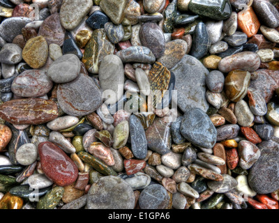 Ciottoli umidi multicolore su varie dimensioni su una spiaggia vicino a Babbacombe nel Devon, Regno Unito Foto Stock