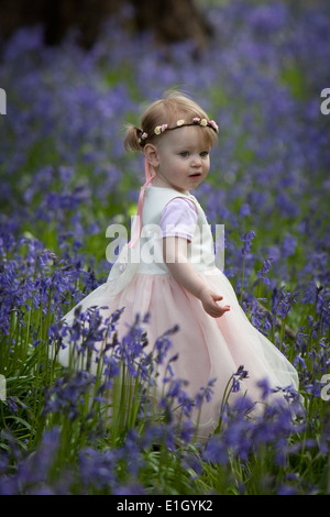 Ragazza giovane indossando abiti damigella e in piedi in un bosco pieno di bluebells in Inghilterra. Foto Stock