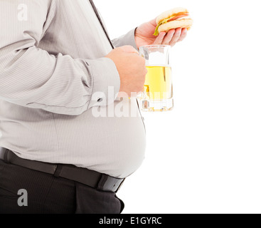 Fat business man holding boccale di birra e hamburger Foto Stock