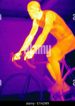 Immagine termica del giovane maschio ciclista in formazione, che mostra il calore dei muscoli e dei pneumatici di biciclette Foto Stock