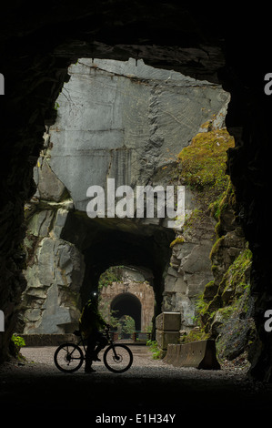 Ciclista all'interno di uno dei tunnel di Otello, Coquihalla Parco Provinciale, KVR Trail, Trans-Canada Trail, British Columbia, Canada Foto Stock