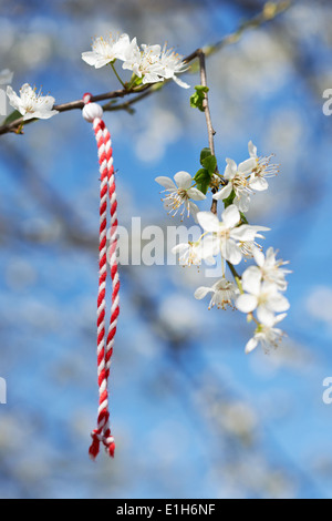 Tradizionale bulgara personalizzato primavera segno Martenitsa su blossom ramo di albero contro il cielo blu Foto Stock