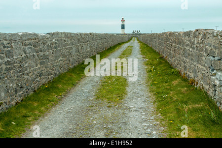 La strada che conduce a Inis Oirr o Inisheer faro situato sul punto di sud-est di Inisheer, Baia di Galway, Irlanda occidentale. Foto Stock