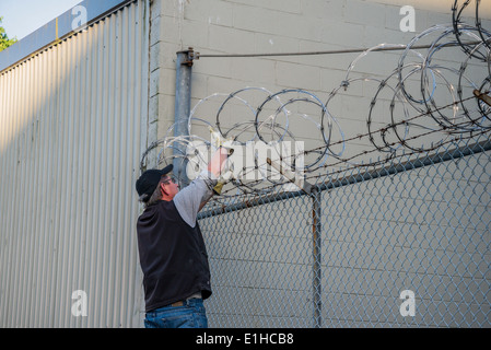 Uomo di regolazione filo di rasoio recinzione, Foto Stock