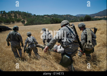 Stati Uniti Army Medical il trasporto del personale di un paziente in un UH-60 Black Hawk elicottero durante un istituto di medicina aeronautica esercitazione di evacuazione exe Foto Stock