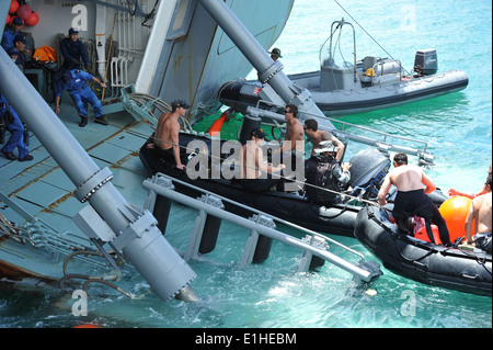 Royal Australian Navy e Giappone marittimo Forza di Autodifesa (JMSDF) divers haul scafo rigido imbarcazioni gonfiabili a bordo della JMSDF m Foto Stock