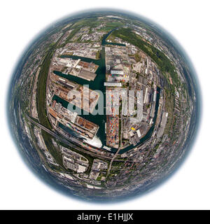 Vista aerea, fisheye, Dortmund porta con il terminal container, Dortmund, distretto della Ruhr, Nord Reno-Westfalia, Germania Foto Stock