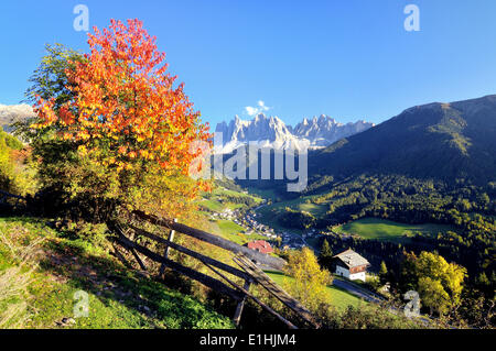 Autunno in Val di Funes con le Odle nelle Dolomiti, Val di Funes, la provincia di Bolzano, Trentino Foto Stock