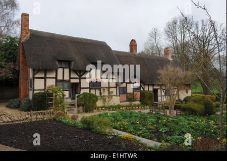 Il cottage storico sul tetto Di Paglia bianco e nero di Anne Hathaway a Shottery, Stratford Upon Avon, Warwickshire, Inghilterra, Regno Unito Foto Stock