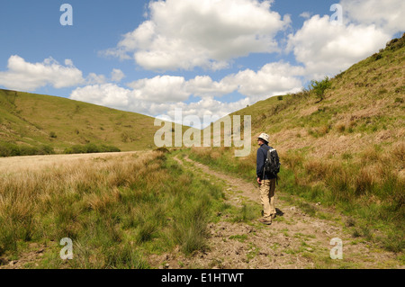 Uomo che cammina sul sentiero a Simonsbath Parco Nazionale di Exmoor Devon England Regno Unito GB Foto Stock