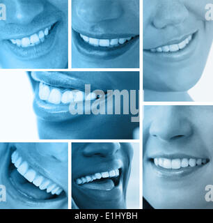 Collage di sorrisi bianco in tinta blu Foto Stock