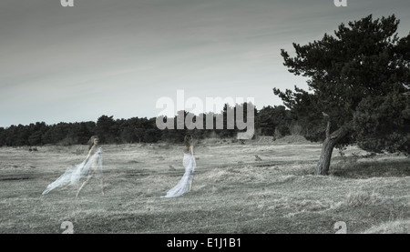In Germania, in Baviera, Froettmaning Heath, giovani donne su un prato, invisibile, onirica Foto Stock
