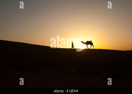 Uomo che cammina con i cammelli al tramonto nel deserto di Thar, Jaiselmer, India Foto Stock