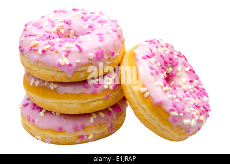 Ciambelle ad anello con un pizzico & rosa glassa. Le ciambelle glassate al fragola smalto. Foto Stock