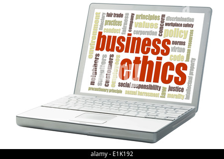 Business Ethics concetto - una parola correlati cloud isolato su un computer portatile Foto Stock