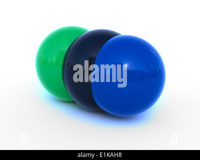 La struttura molecolare del cloruro di cianogeno che mostra il carbonio (nero) di cloro (verde) e azoto (blu) computer grafica. Foto Stock