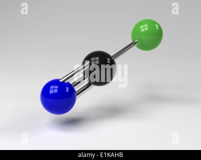 La struttura molecolare del cloruro di cianogeno che mostra il carbonio (nero) di cloro (verde) e azoto (blu) computer grafica. Foto Stock