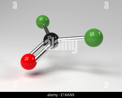 La struttura molecolare del fosgene che mostra il carbonio (nero) di cloro (verde) e ossigeno (rosso) computer grafica. Foto Stock