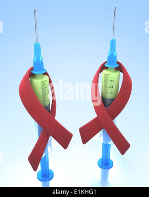 Illustrazione di siringhe con nastri rosso simboleggia l'AIDS (sindrome da immunodeficienza acquisita) consapevolezza. Foto Stock