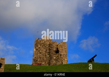 Rovine e cannone in Tenby hill Pembrokeshire Wales UK con cielo blu Foto Stock