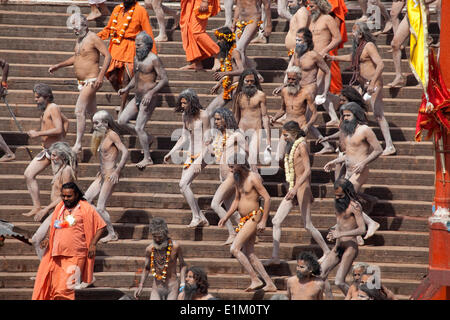 Naga sadhus passeggiando per le fasi di Har-ki-Pauri ghat a fare un tuffo nel fiume Gange in occasione di 'Somvati Amavasya', Foto Stock