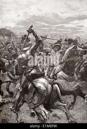 Richard III nella battaglia di Bosworth Field, Inghilterra, 22 agosto 1485. Foto Stock