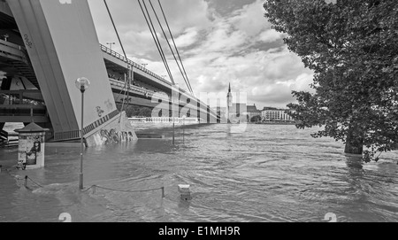 Bratislava - Danubio ad alta flood dalla massima misurata di acqua e SNP ponte sullo sfondo Foto Stock