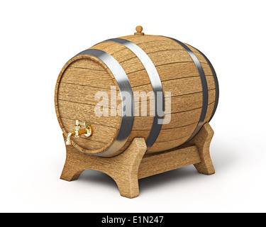 In legno di rovere brandy vino barile di birra con valvola tocca isolati su sfondo bianco Foto Stock