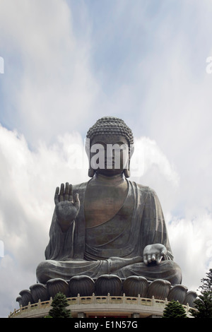 Tian Tan mondo seduta più grande Buddha di bronzo su Lotus trono presso il Villaggio di Ngong Ping in Hong Kong Closeup Foto Stock