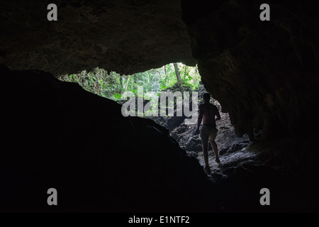 L'uomo esplorare enorme grotta di calcare nel profondo la incontaminata foresta di pioggia di Iriomote isola, a Okinawa, Giappone tropicale Foto Stock