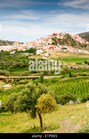 Vista della pittoresca cittadina collinare di Moulay Idriss vicino a Volubilis in Marocco. Foto Stock