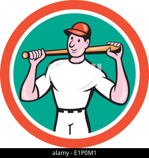 Illustrazione di un giocatore di baseball bat di contenimento nella parte posteriore del collo insieme all'interno del cerchio su sfondo isolato fatto in stile cartoon. Foto Stock