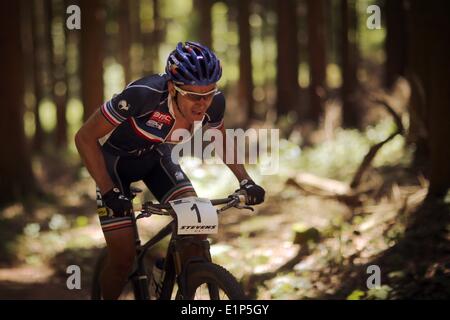 Sankt Wendel, Germania. Il giorno 08 Giugno, 2014. Il francese Julien Absalon durante la mountainbike al Campionato Europeo 2014 in Sankt Wendel, Germania, 08 giugno 2014. Il campionato europeo di Mountainbike Cross Country si svolge dal 05 al 08 giugno 2014. Foto: Fredrik van Erichsen/dpa/Alamy Live News Foto Stock