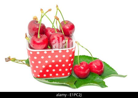 Mature dolci e succose cherry berry gustosi frutti bagnato con acqua scende in piazza piccola ciotola sul verde e fresco lascia isolato Foto Stock